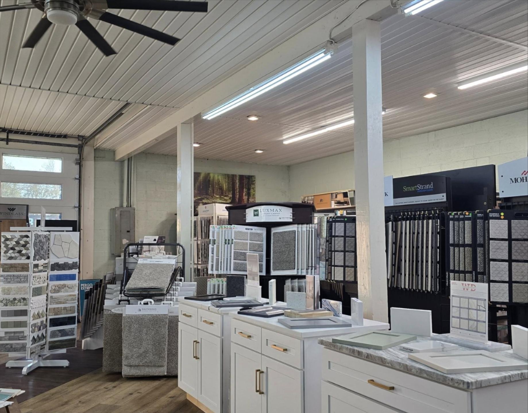 Flooring showroom with tile and surface sample displays